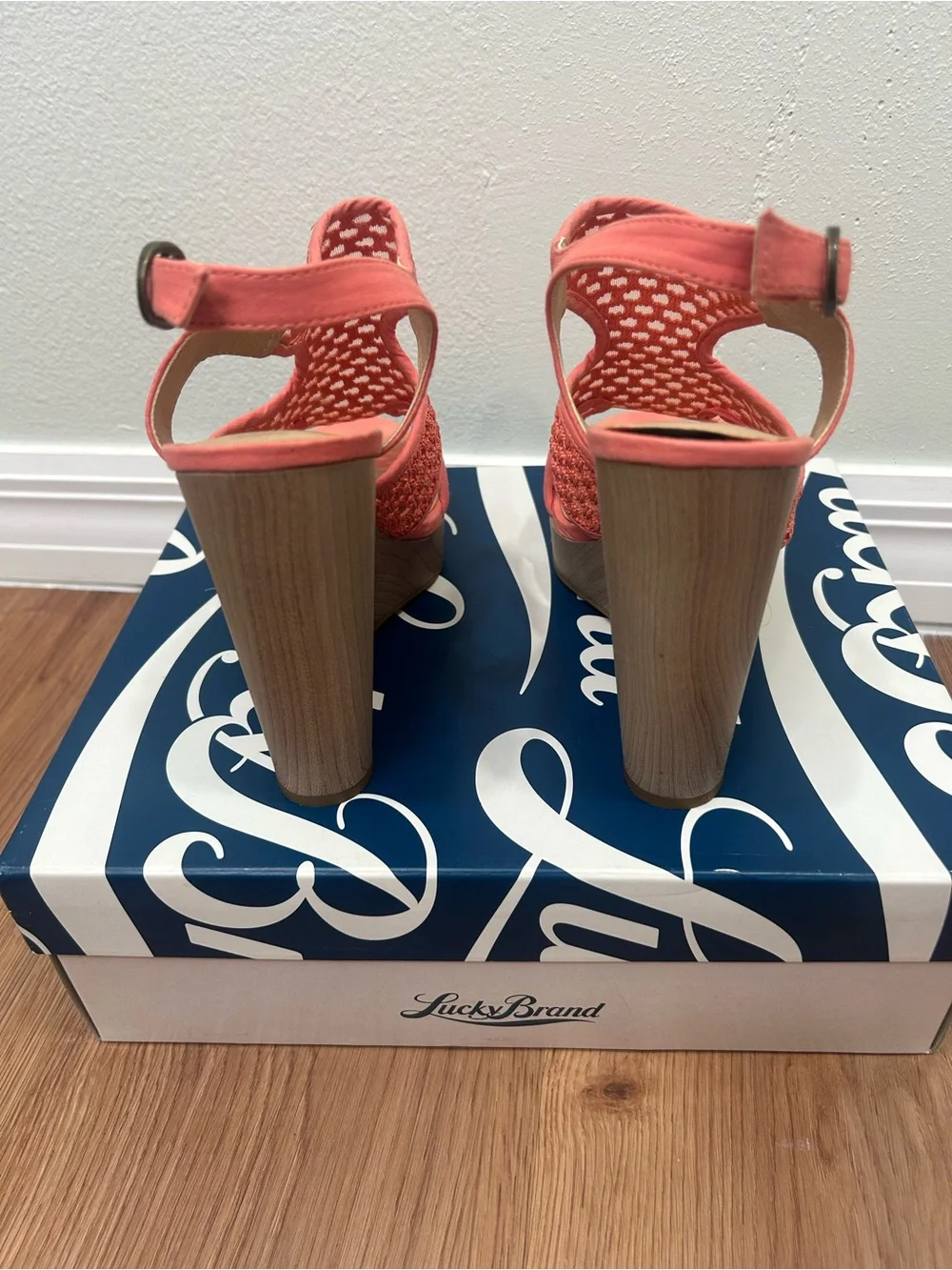 Lucky Brand Coral Crochet Wedge Sandals
